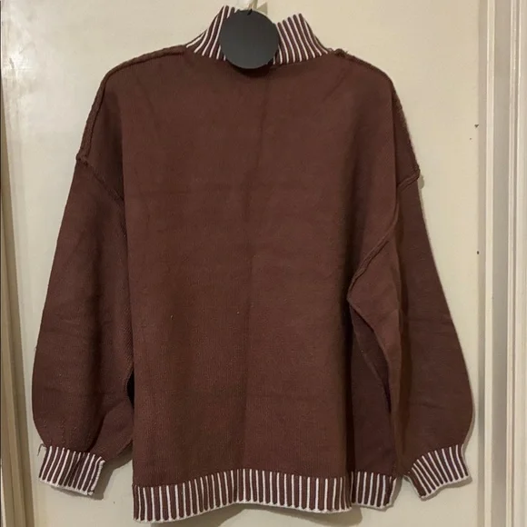 NWT Brown Sweater with white Striped Collar Felled Seams Oversized Medium - Picture 6 of 8